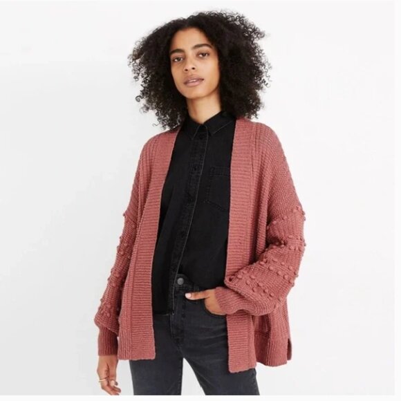 Madewell Sweaters - Madewell Mauve Blush Pom-Pom Sleeve Open Front Knit Cardigan Sweater, Size Small
